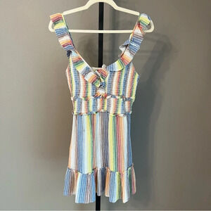 SAYLOR Alma Rainbow Ruffle Mini Dress Multicolor Stripes Medium Colorful Beachy